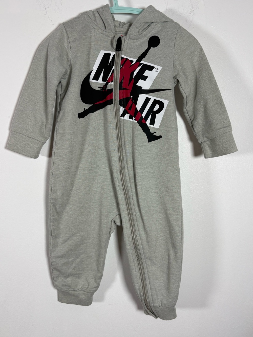 Jordan Kids Grey Hooded One-Piece with Black and Red Logo